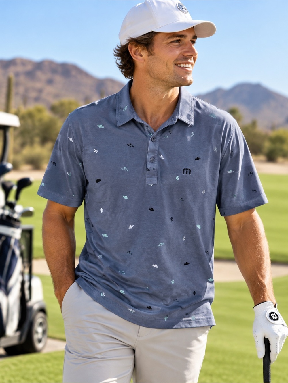 Travis Mathew Polo Shirt Mens Large Gray Taco Sombrero Cactus Golf Pima Cotton
